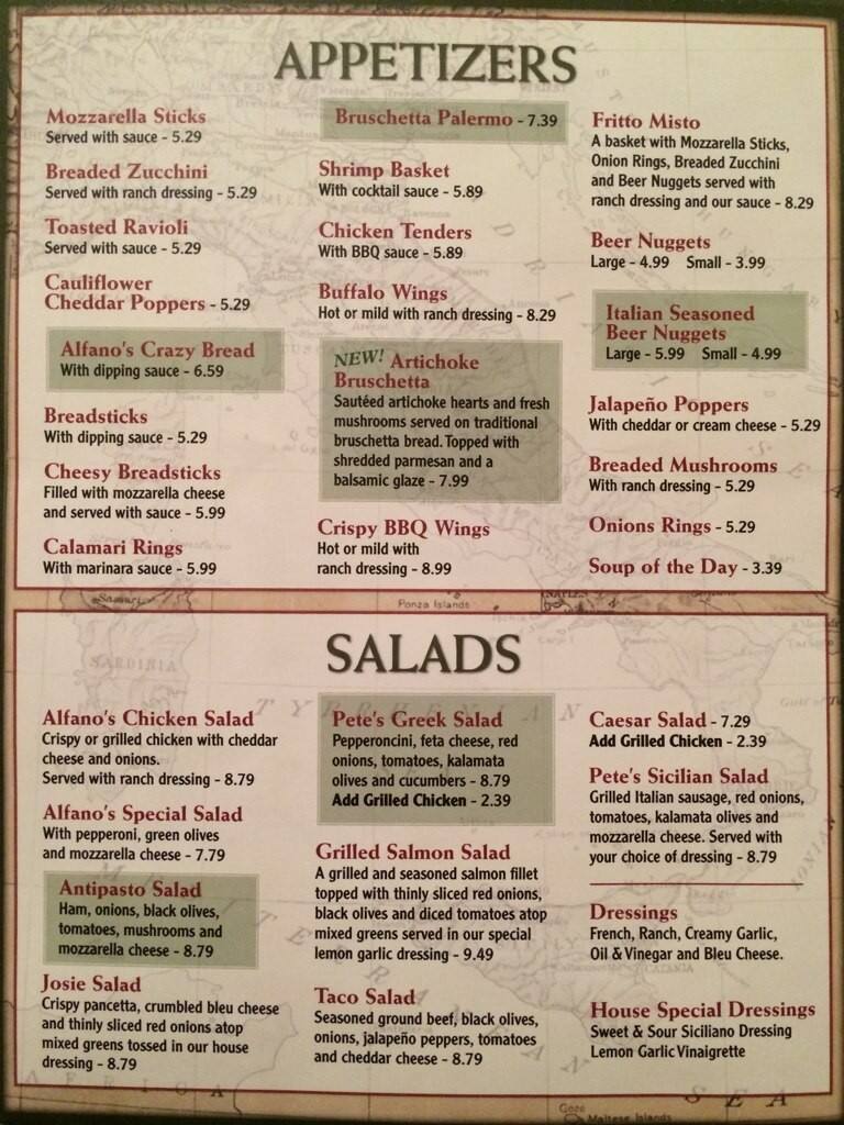 Alfano's Pizzaria & Italian Restaurant Menu Urbanspoon/Zomato
