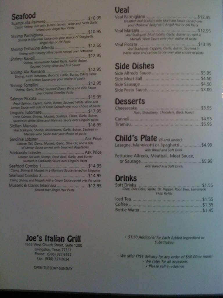 Menu at Joe's Italian Grill restaurant, Livingston