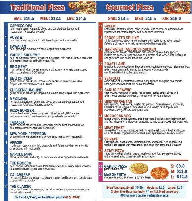 Exeter Pizza Menu, Menu for Exeter Pizza, Croydon, Melbourne