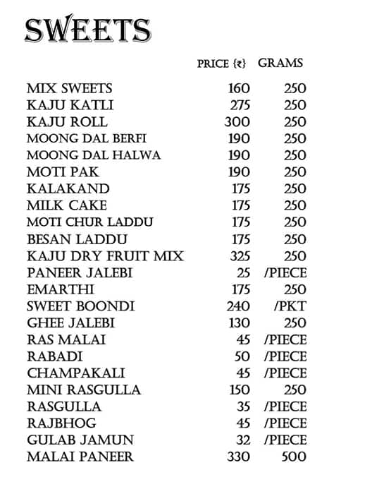 Menu of Poonam Sweet Centre, JP Nagar, Bangalore