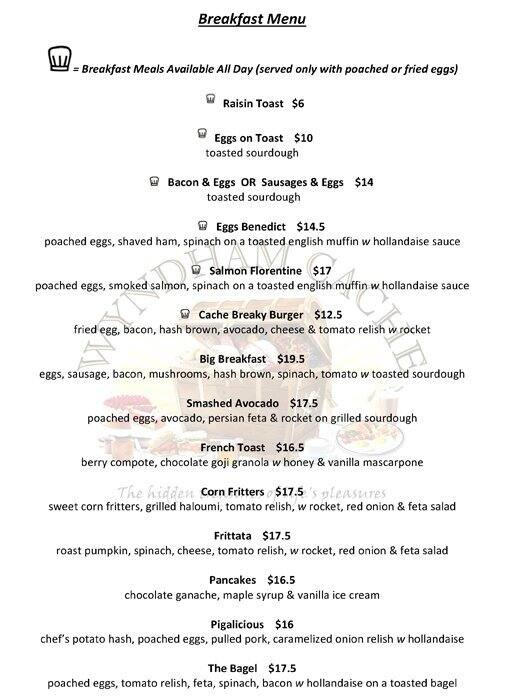 Wyndham Cache Cafe menu, Menu restauracji Wyndham Cache Cafe, Werribee
