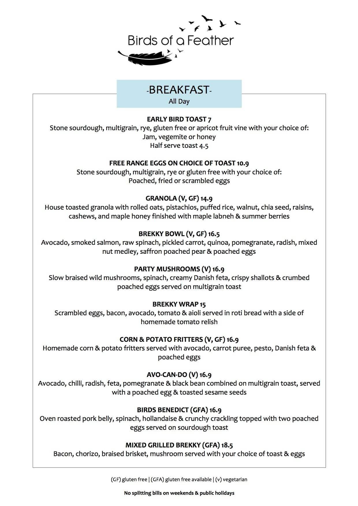 Birds of a Feather menu, Menu restauracji Birds of a Feather, Newport, Melbourne Urbanspoon/Zomato