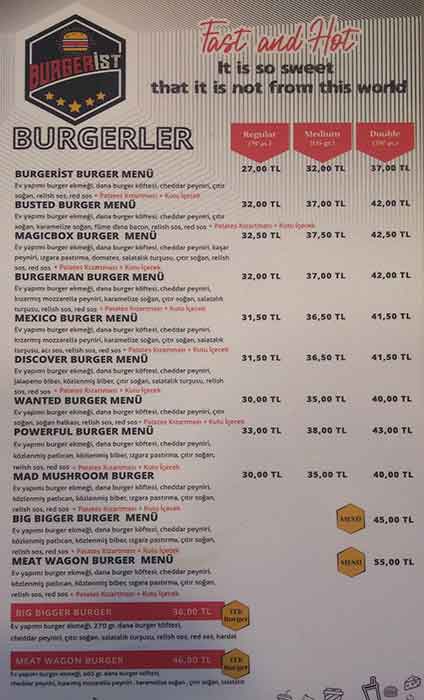 BURGERİST menu