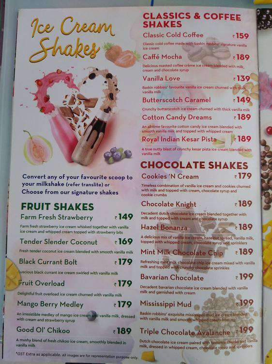 Baskin Robbins Menu Menu For Baskin Robbins Indiranagar Bangalore