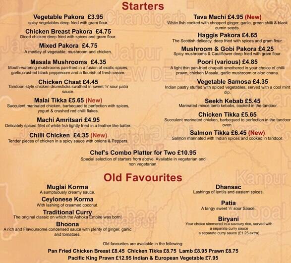 Menu at Ashoka Southside fast food, Glasgow