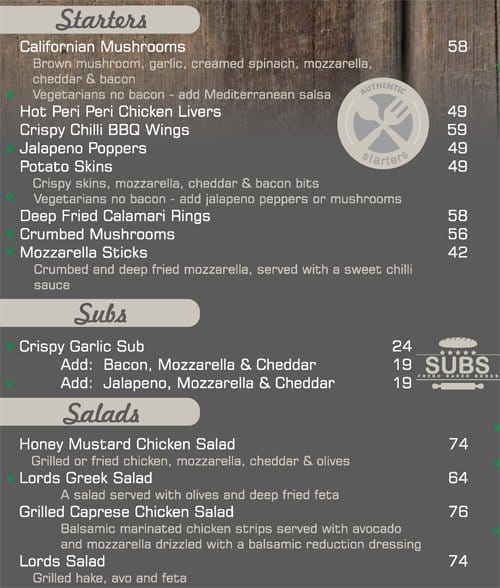 Menu at Lords & Legends Sports Cafe Amanzimtoti, Amanzimtoti