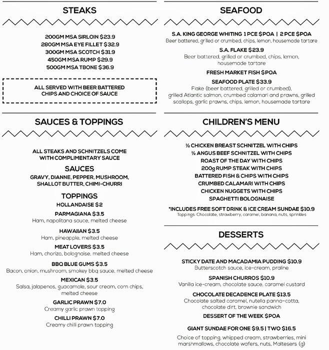 Menu at Blue Gums Hotel Motel pub & bar, Fairview Park