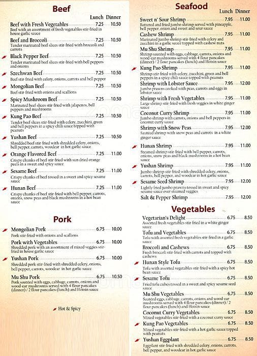 Carta de Yu Hong Chinese Restaurant