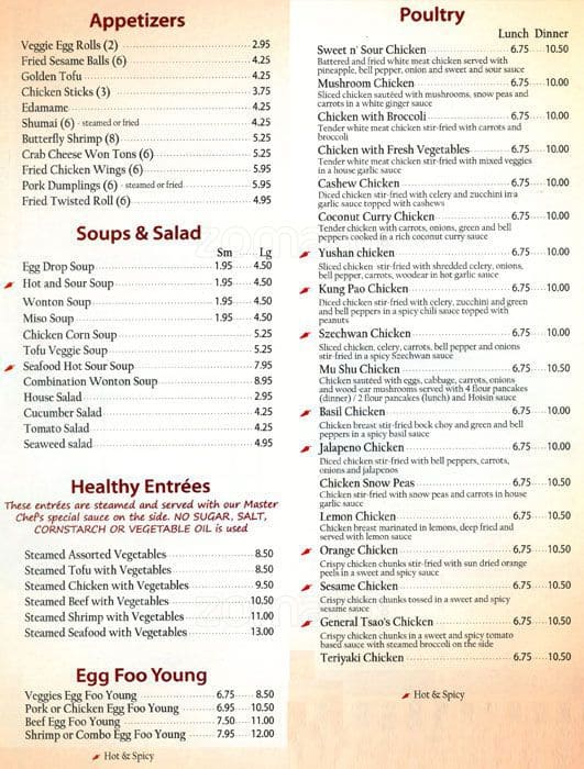 Carta de Yu Hong Chinese Restaurant