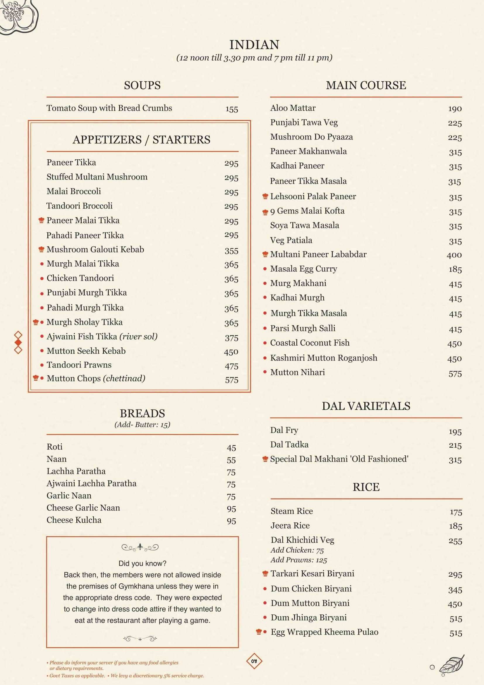 Menu At The Lcr Gymkhana, Pune