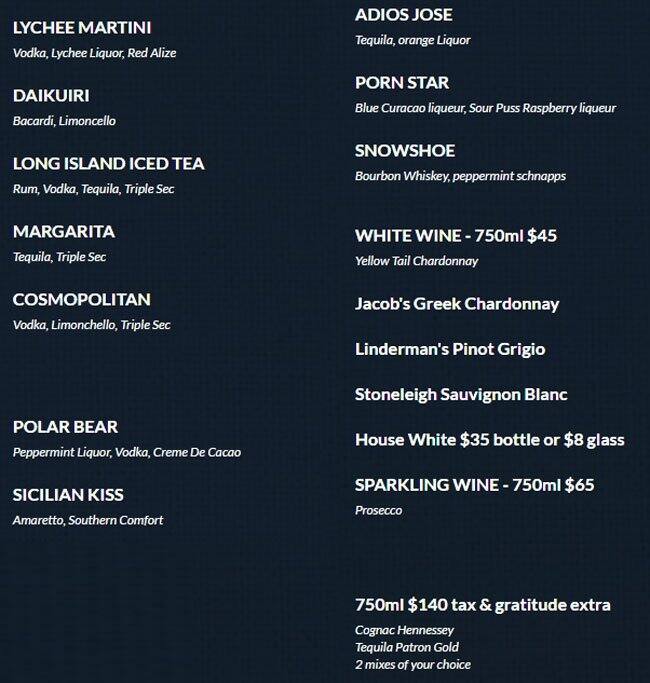 Menu at Lily Lounge club, Toronto