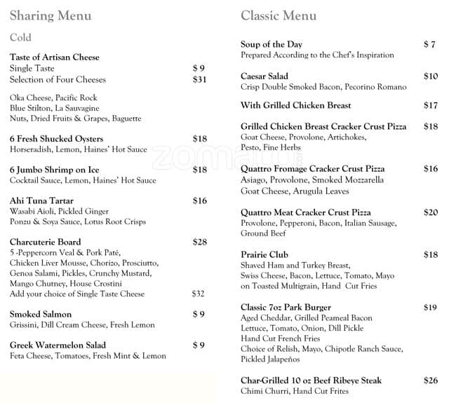 Menu at Writers Room Bar, Toronto