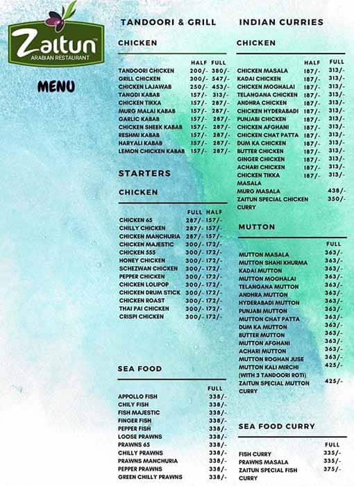 Zaitun Arabian Restaurant menu