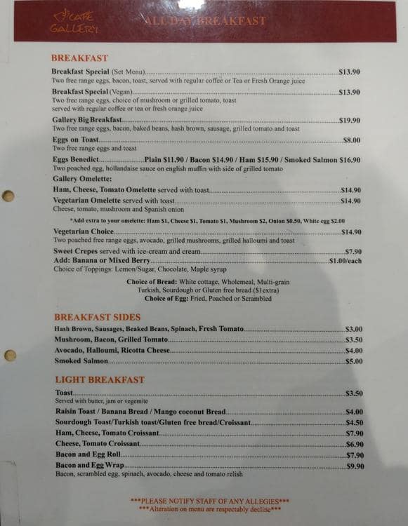 Cafe Gallery Menu, Menu for Cafe Gallery, Bondi Junction, Sydney