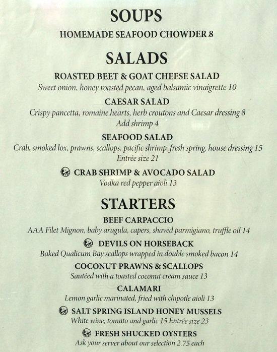 Steveston Seafood House menu, Menu restauracji Steveston Seafood House, Steveston, Richmond