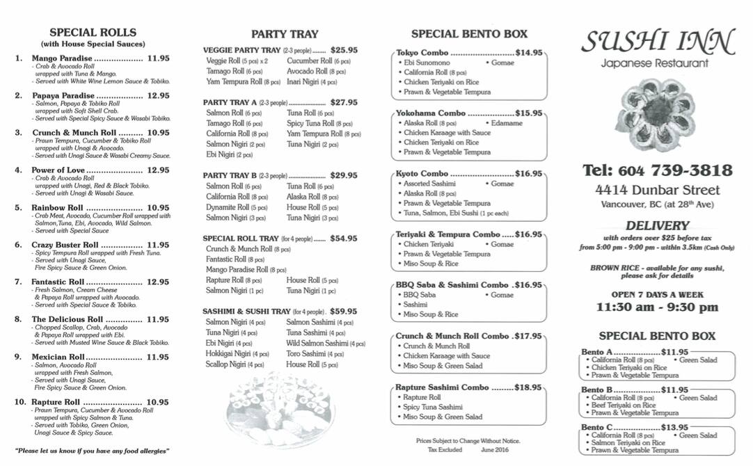 Sushi Inn Menu, Menu for Sushi Inn, Dunbar, Vancouver - Urbanspoon/Zomato