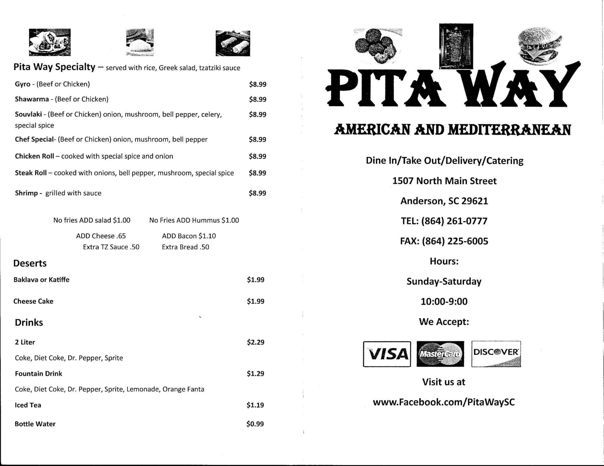 Menu at Pita Way restaurant, Anderson