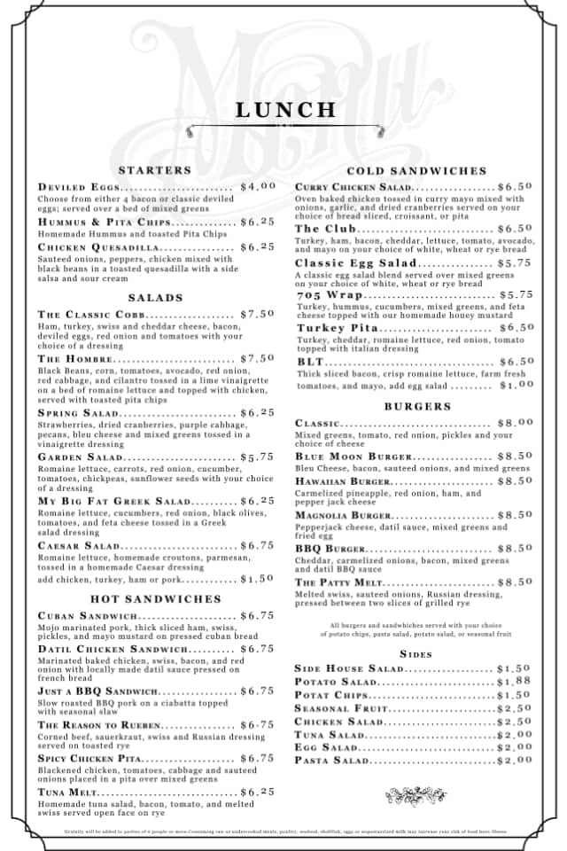 Menu at The Magnolia cafe, Palatka