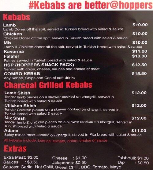 Kebabs Hoppers a Melbourne Foto del Menu con Prezzi Urbanspoon/Zomato