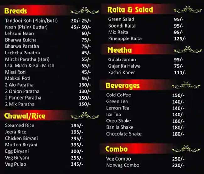 Menu of Punjabi Angeethi, Sector 16, Faridabad