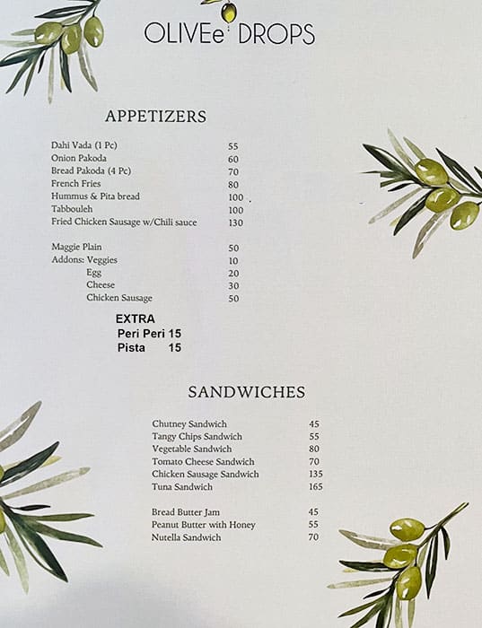Menu of Olive Drops, New BEL Road, Bangalore