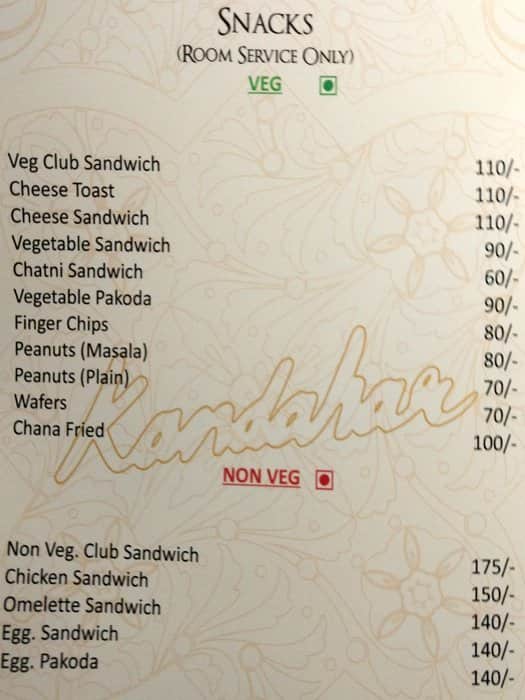 Menu at Kandahar, Indore