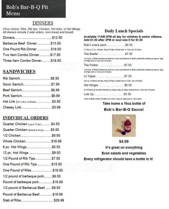 Menu at Bob's BBQ pit,
