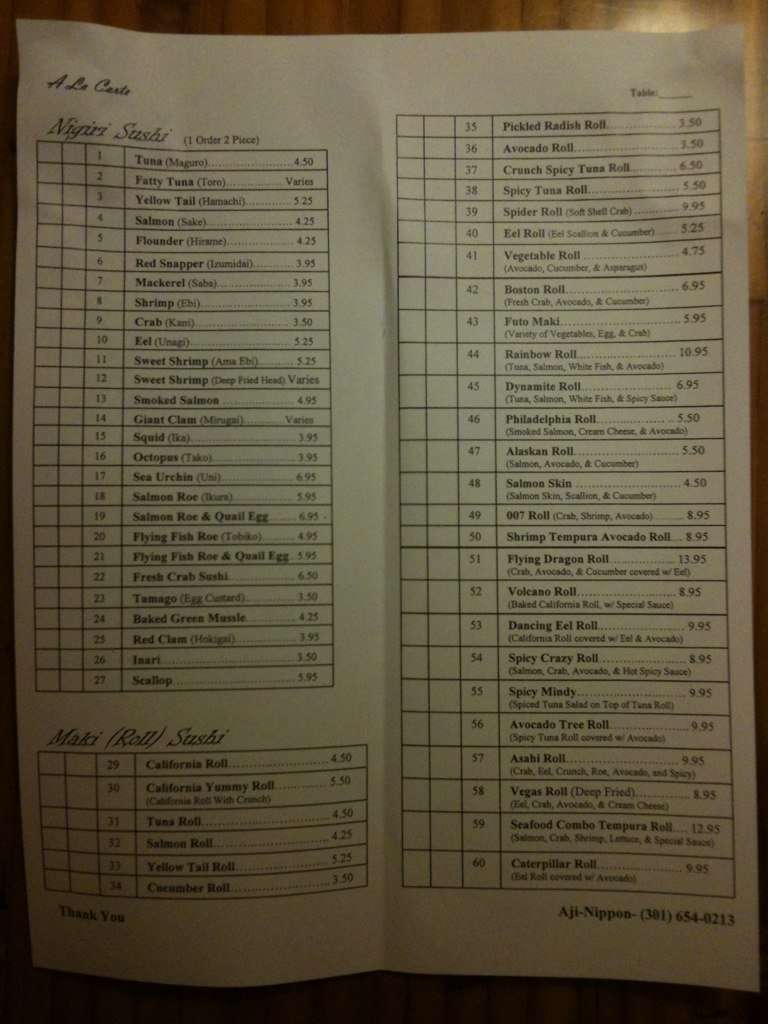Menu at AjiNippon Restaurant, Bethesda