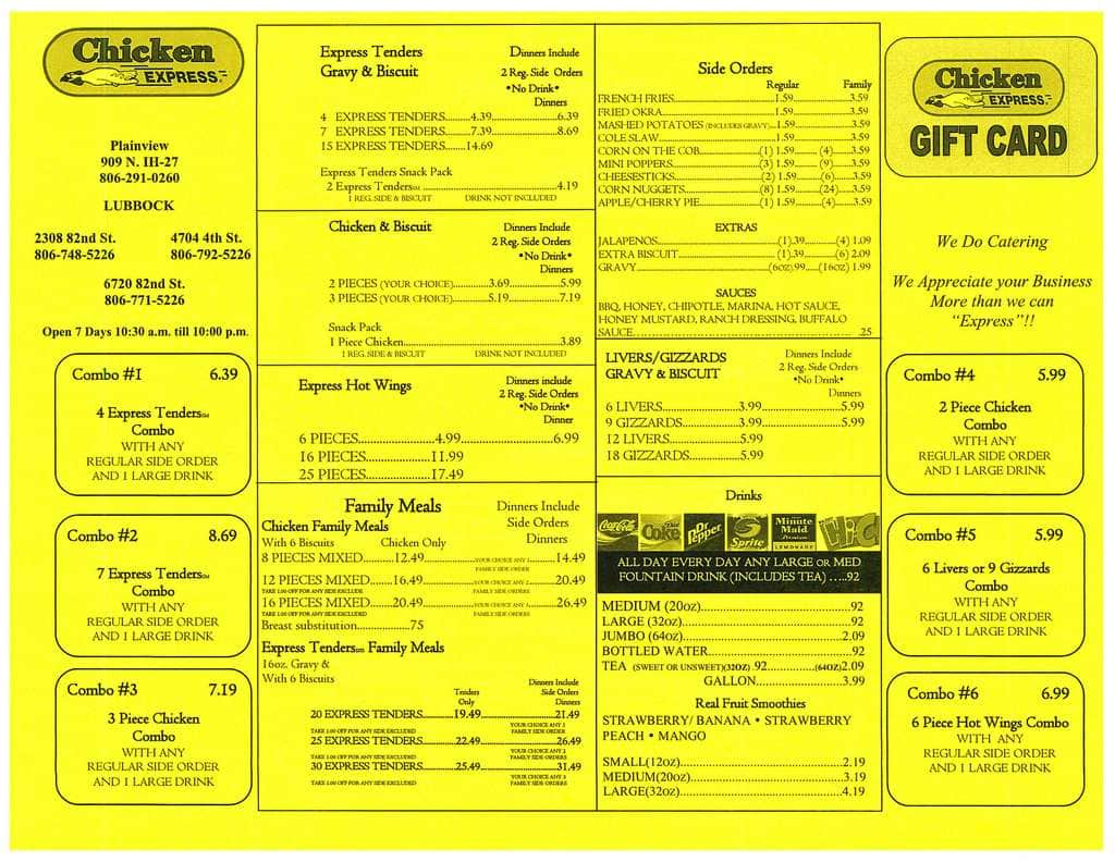 Menu at Chicken Express restaurant, Lubbock, 82nd St # B-1