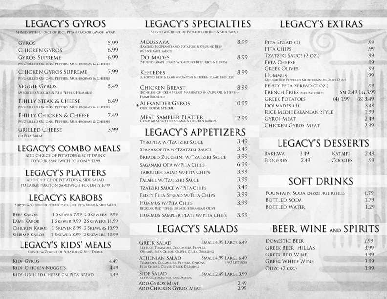 Menu at Legacy Gyros restaurant, Omaha