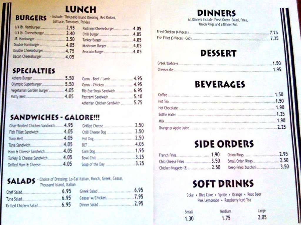 Athens Burgers menu, Menu restauracji Athens Burgers, Manteca, Stockton