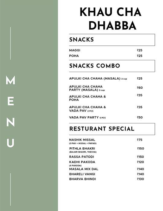 Menu of Khau Cha Dabba Lohegaon Pune