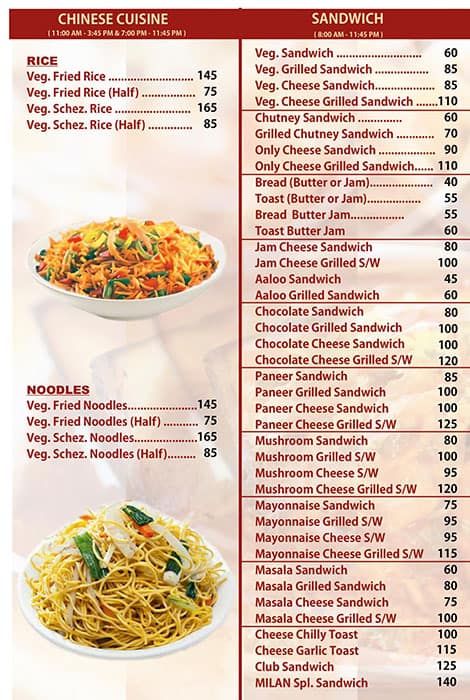 Menu of Hotel Milan, Parel, Mumbai