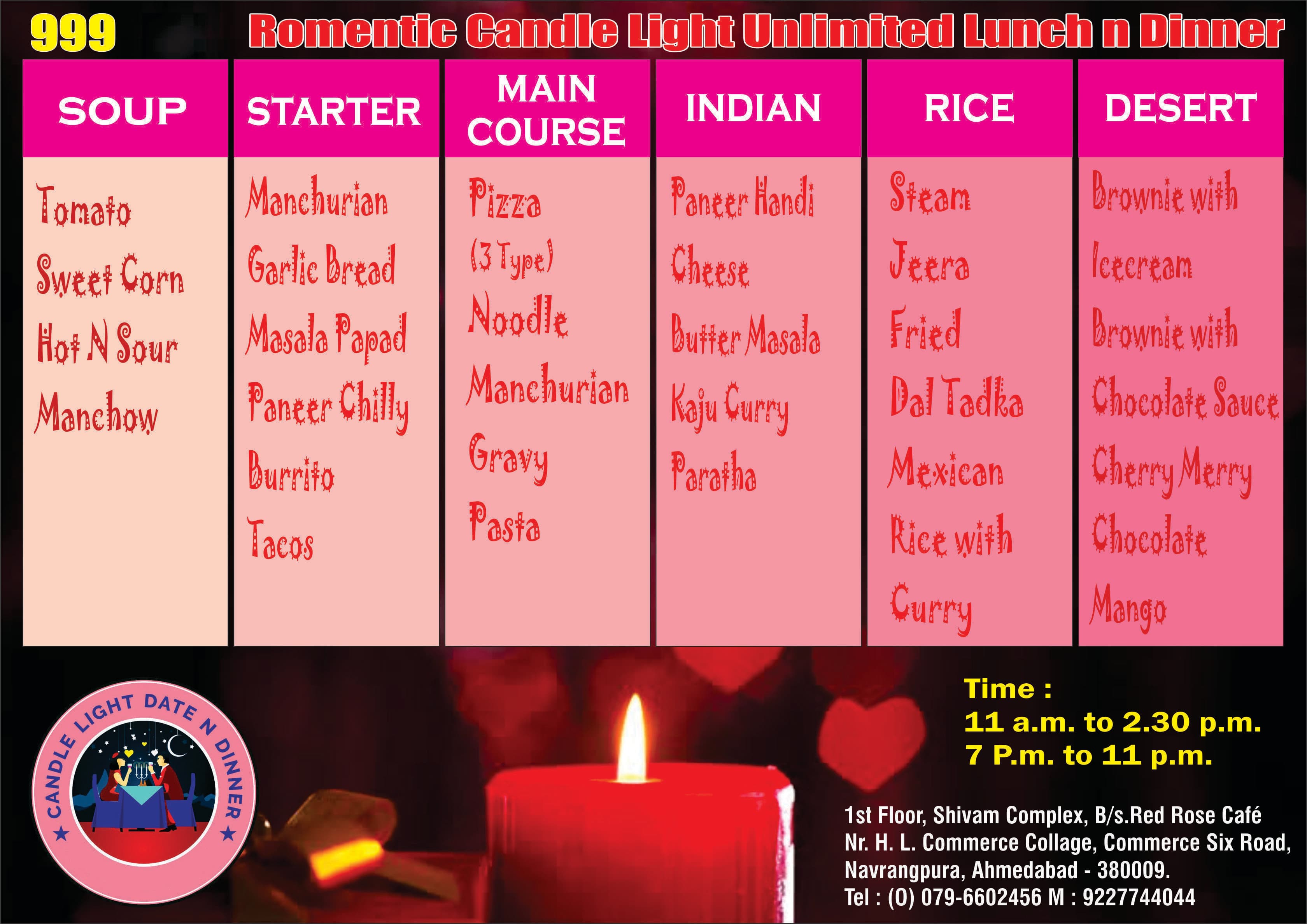 Indian Candle Light Dinner Menu