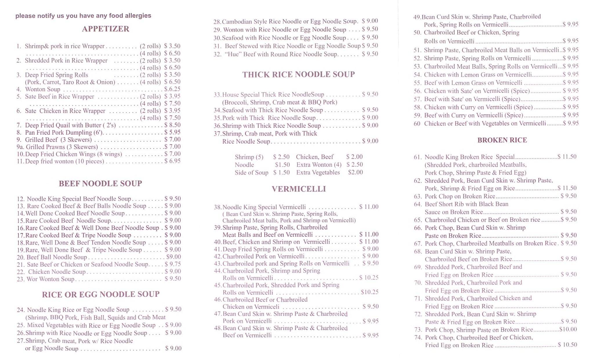 Menu at Noodle King Vietnamese Restaurant, Calgary