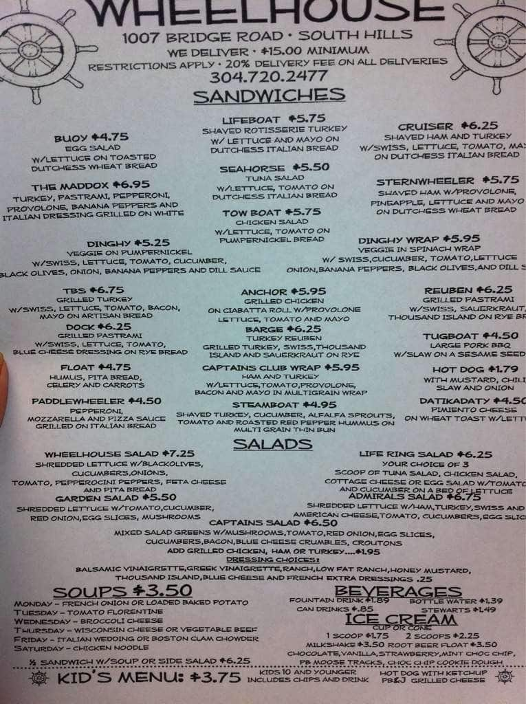 Wheelhouse Menu, Menu for Wheelhouse, Charleston, Charleston