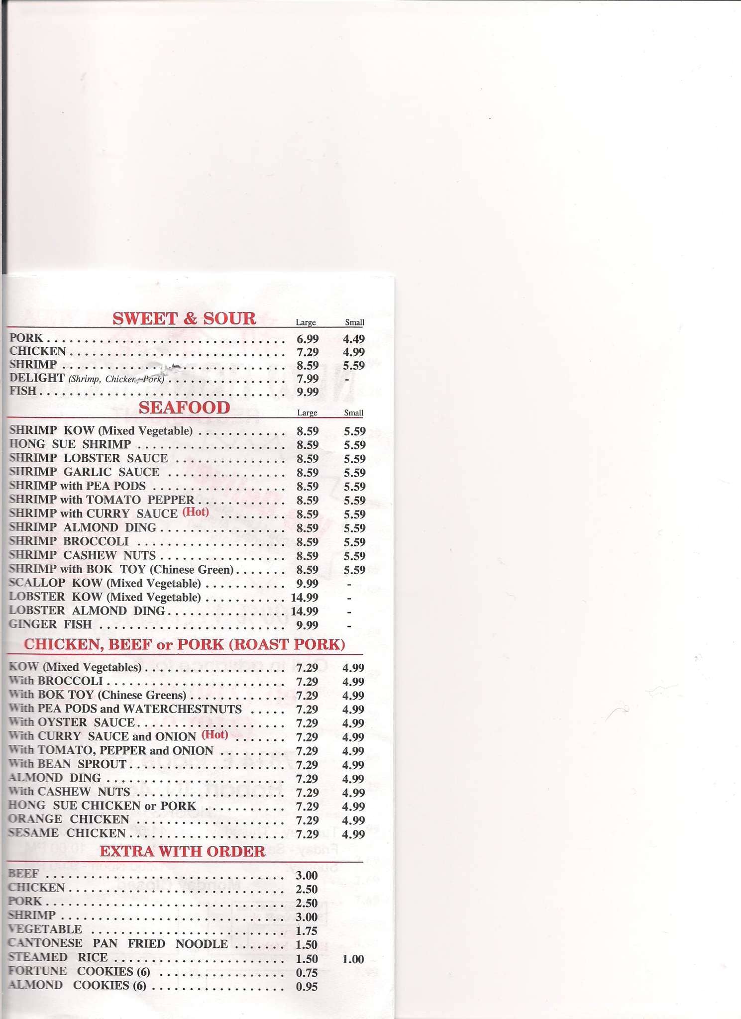 Menu at New Hong Kong restaurant, Hobart