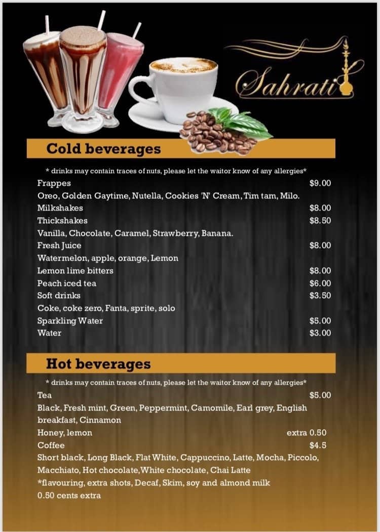 Menu at Sahrati Shisha Bar, Liverpool