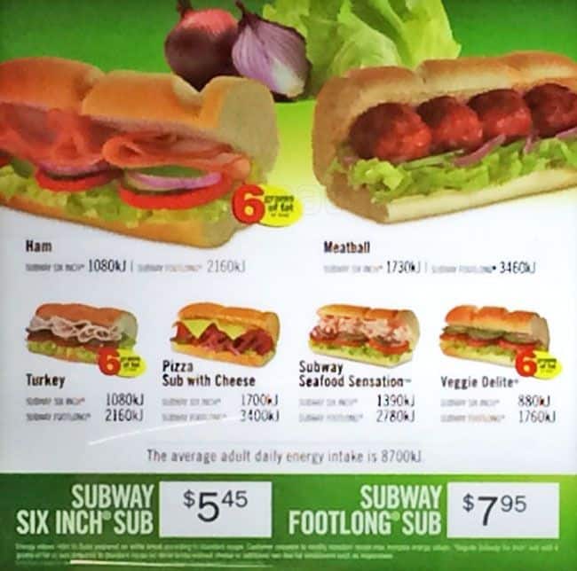 subway menu prices