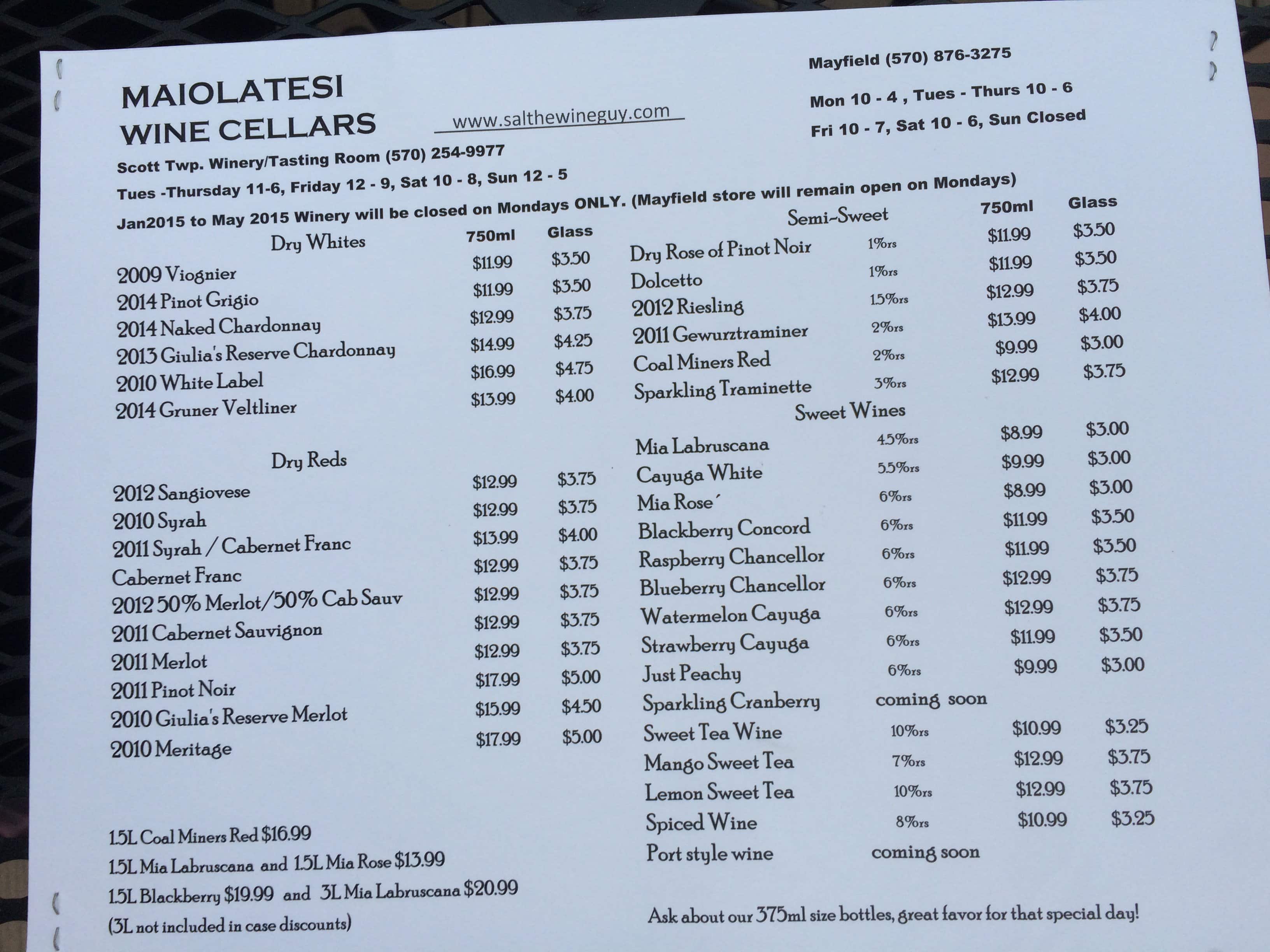 Menu at Maiolatesi Wine Cellars pub & bar, Olyphant