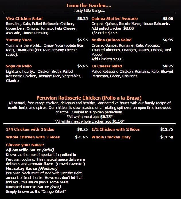 Viva Chicken Menu Calories