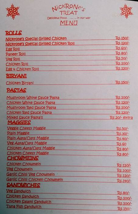 Nickrone's Treat menu