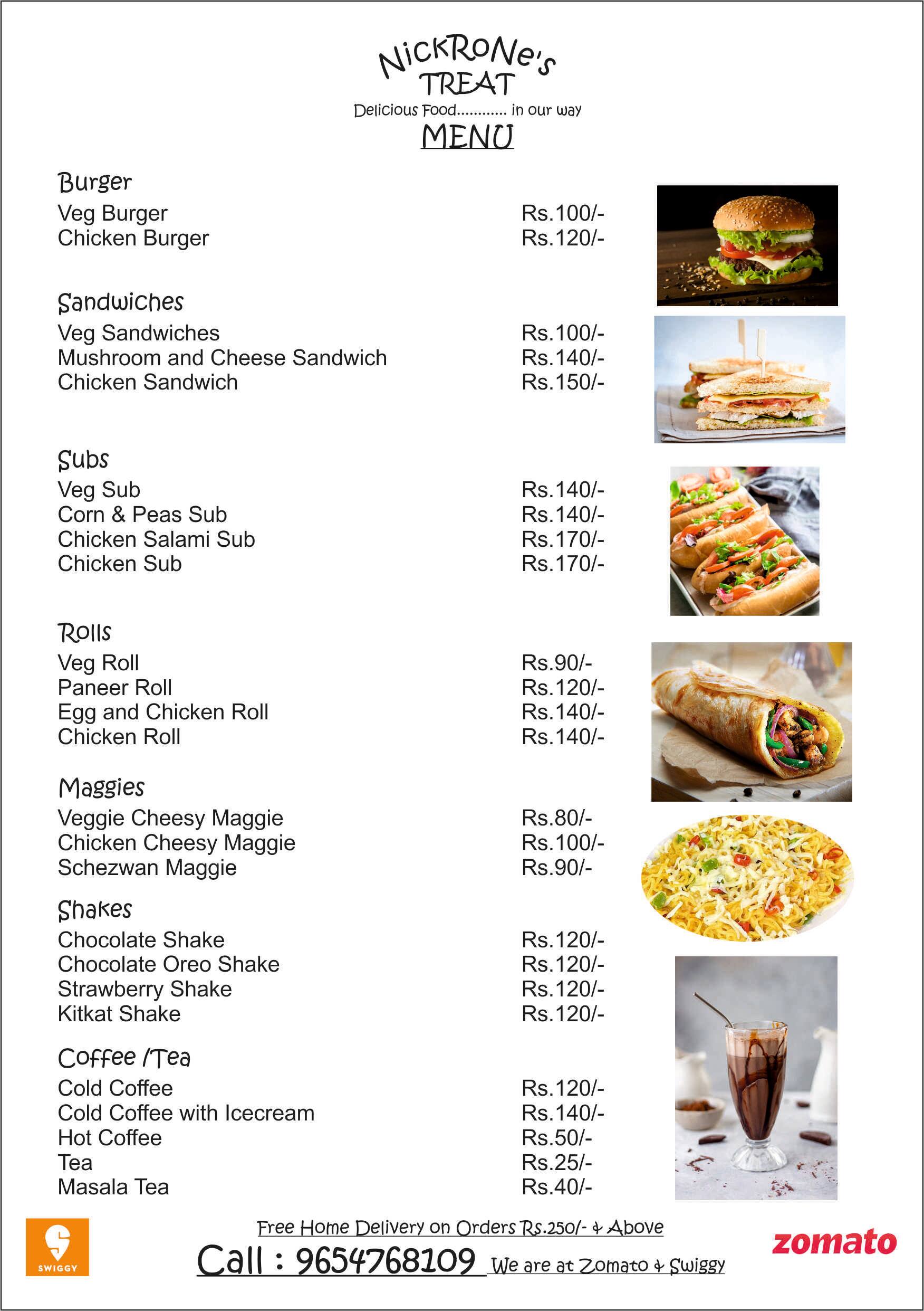Nickrone's Treat menu