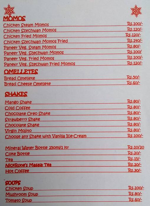 Nickrone's Treat menu