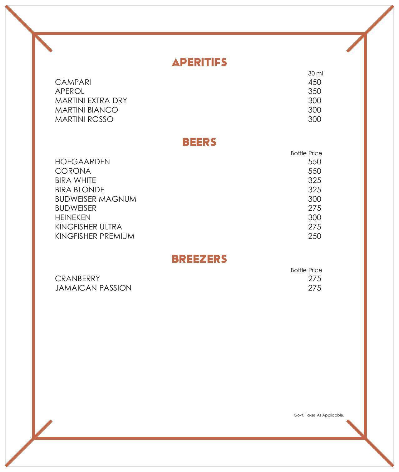 Menu at Space Bar, Mumbai