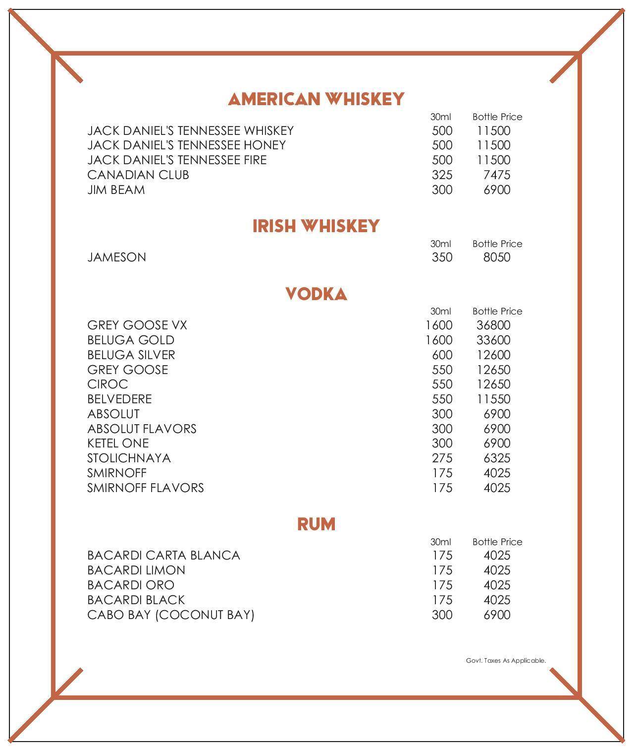 Menu at Space Bar, Mumbai