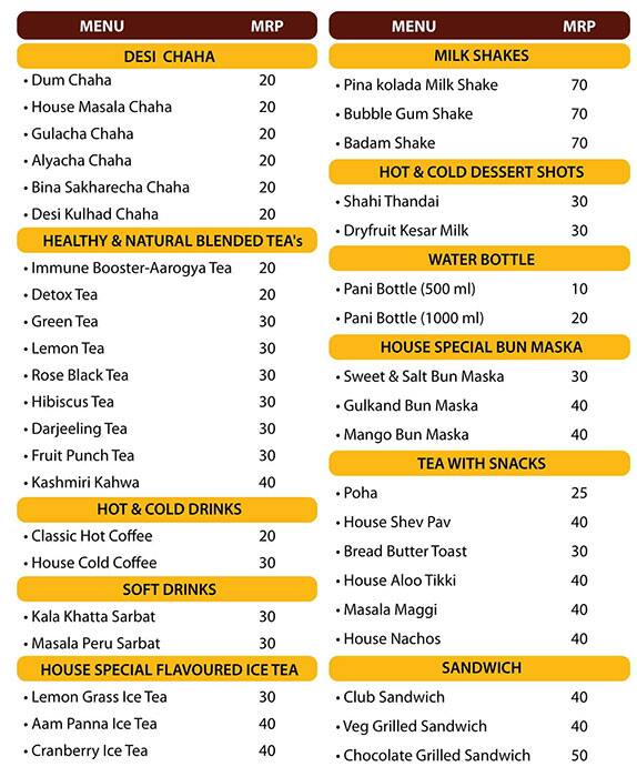 Menu of Chaha House, Nalasopara, Mumbai
