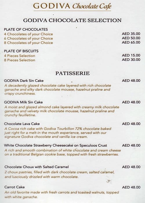 Godiva Chocolate Cafe Menu, Menu for Godiva Chocolate Cafe, Dubai