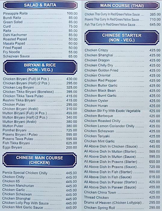 Persia Darbar menu