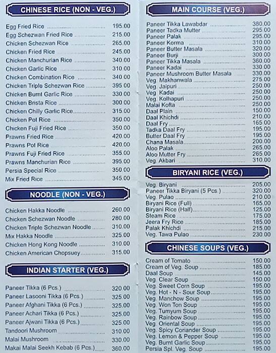 Persia Darbar menu
